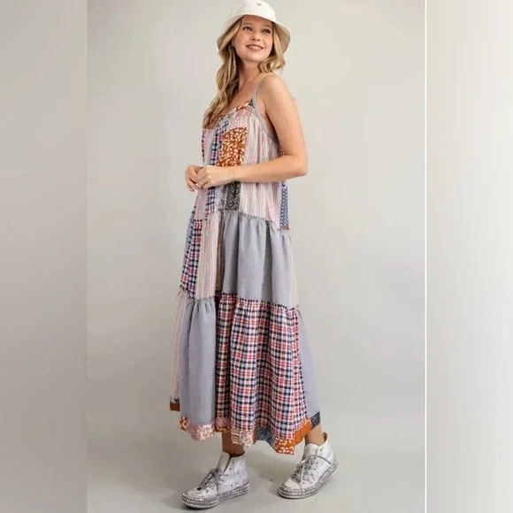 NWT Easel Boho Patchwork Maxi Dress Size M Linen Cotton Adjustable Festivals - Picture 15 of 15